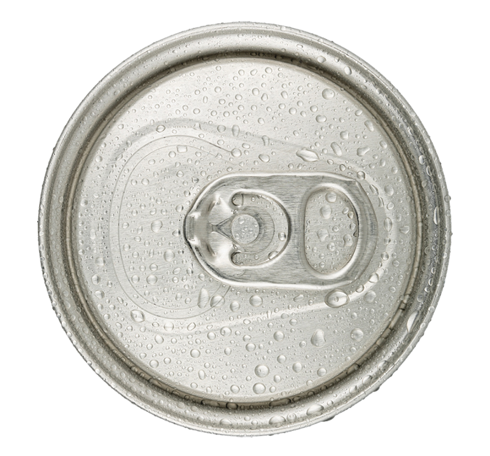 Top of aluminum can with water drops on it.